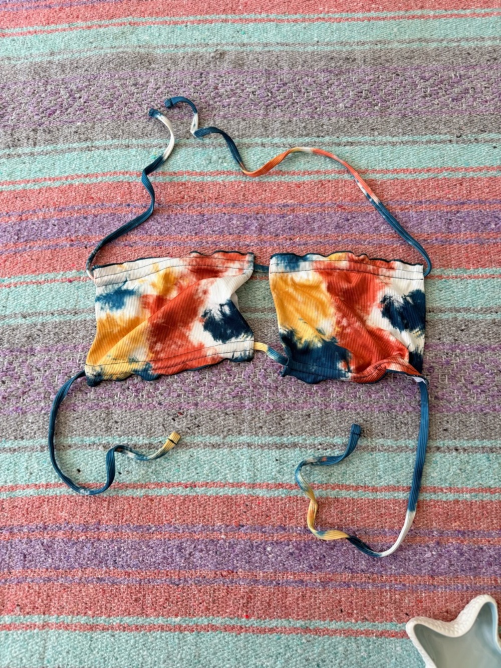 Tie-Dye Ribbed Bandeau Bikini Top - Orange, Blue, Yellow
